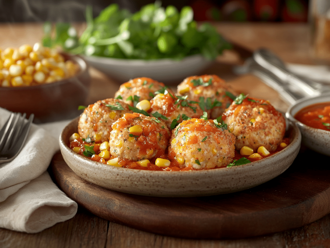 Turkey And Corn Meatballs With Red Pepper Sauce 1 Turkey And Corn Meatballs With Red Pepper Sauce
