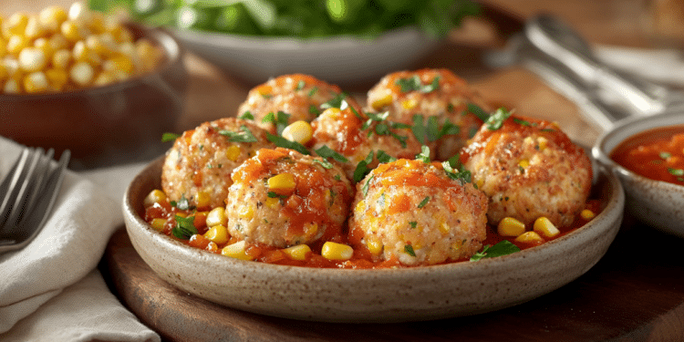 Turkey And Corn Meatballs With Red Pepper Sauce