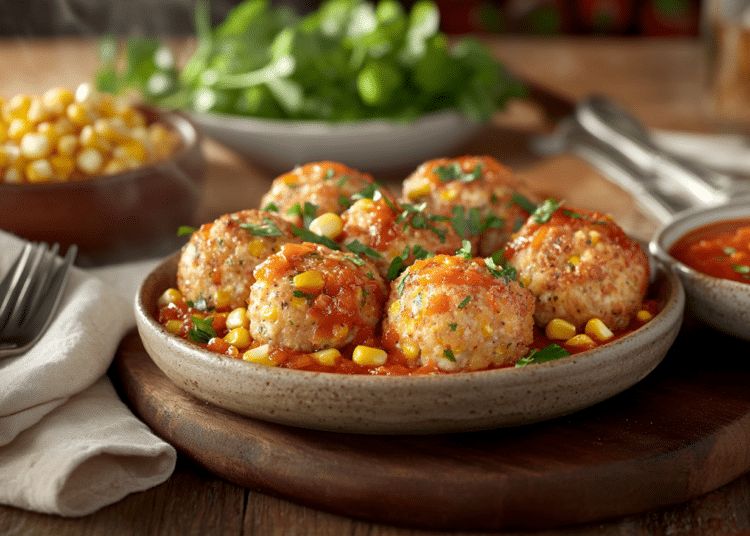 Turkey And Corn Meatballs With Red Pepper Sauce
