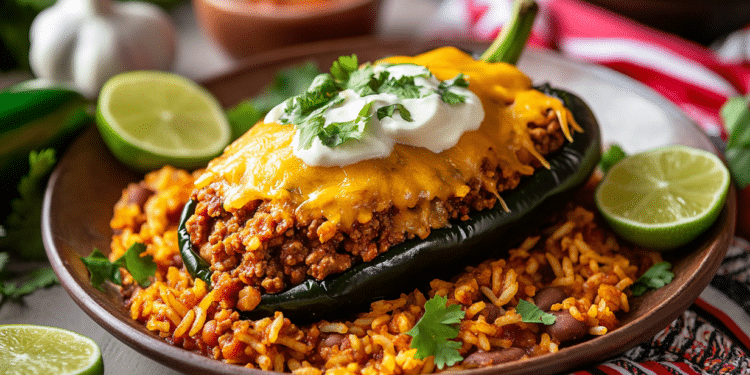 Stuffed Peppers Over Mexican Style Rice