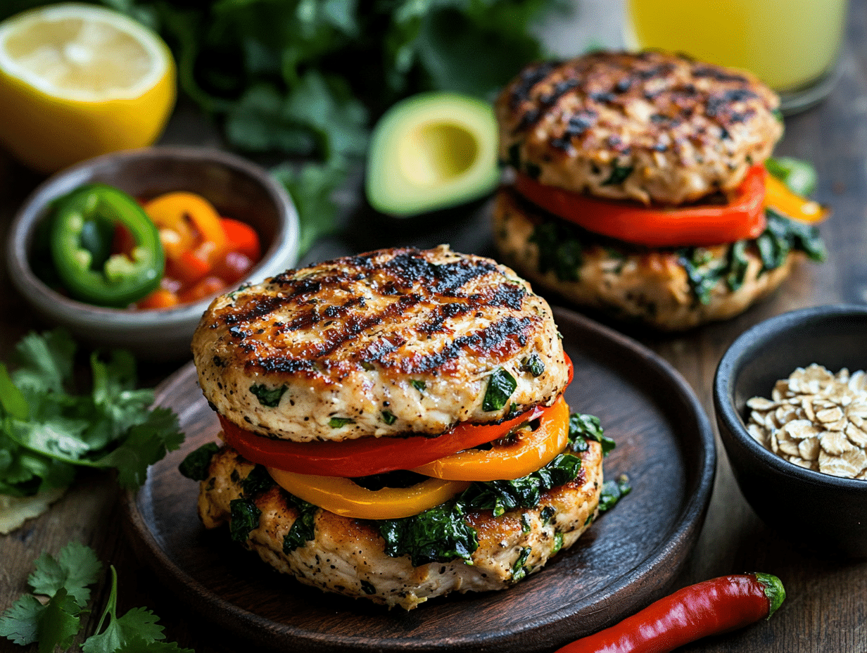 Healthy Broiled Chicken Burgers with Sautéed Peppers