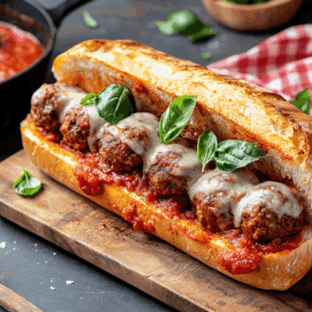 Delicious Cast Iron Meatball Marinara Sub