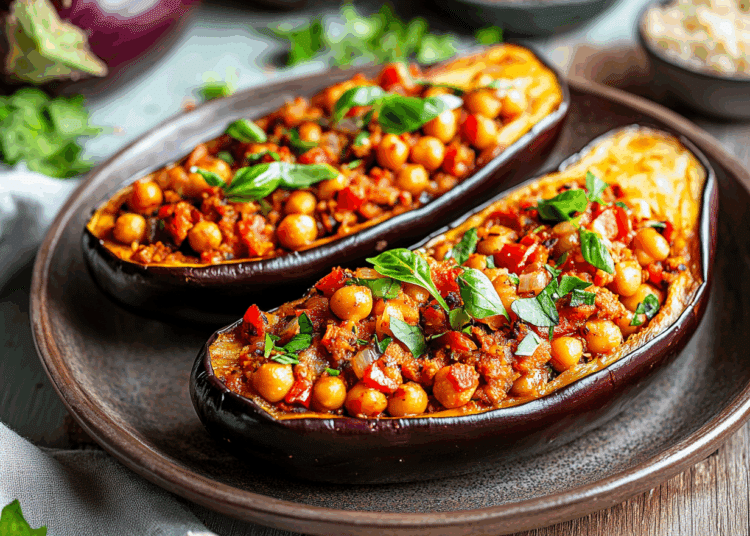 Heavenly Baked Eggplant Stuffed With Spicy Tomato Chickpeas
