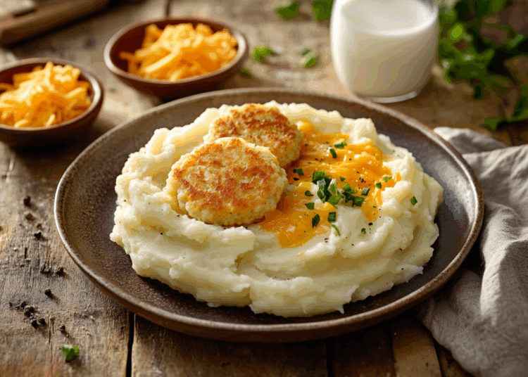 Cheesy Cheddar Mashed Potatoes With Flavoured Turkey Patties 1 Cheesy Cheddar Mashed Potatoes With Flavoured Turkey Patties