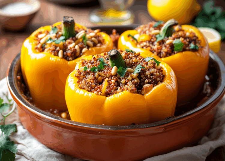 Healthy Quinoa Stuffed Peppers With Spiced Beef And Tahini Dressing