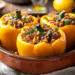 Healthy Quinoa Stuffed Peppers With Spiced Beef And Tahini Dressing