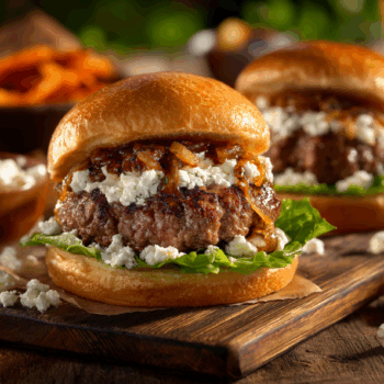 Tasty And Easy Feta Stuffed Burgers With Caramelized Onions