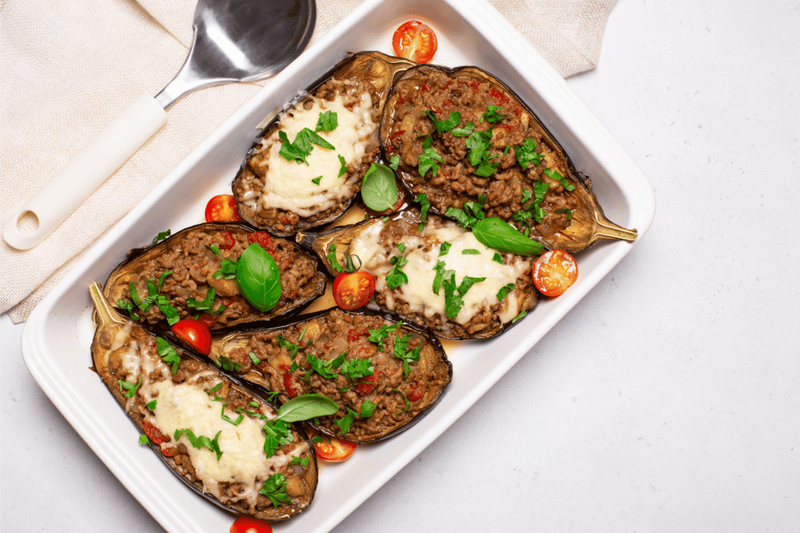 Stuffed Eggplant With Turkey, Mushrooms And Arugula