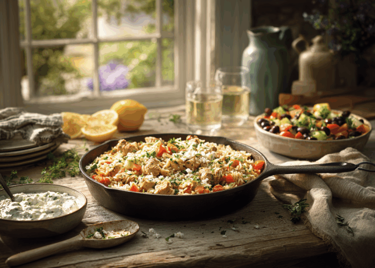 Satisfying One Pot Greek Chicken And Rice Pilaf