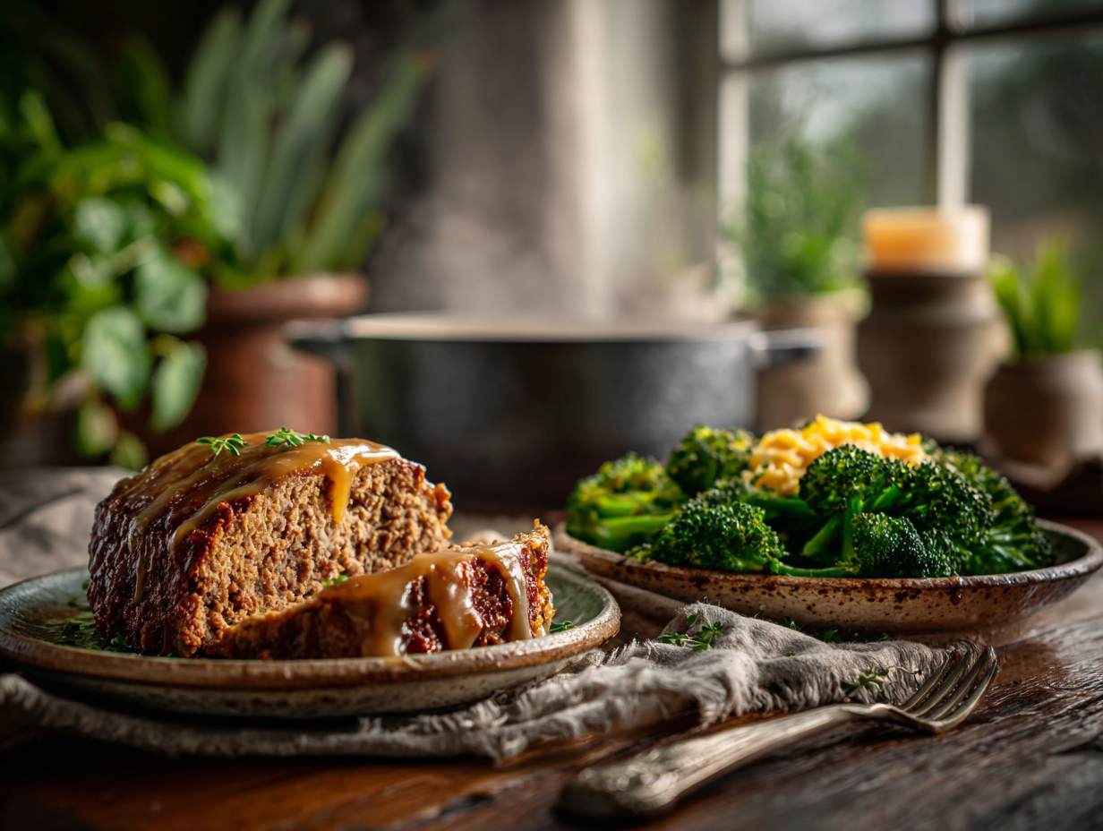 Divine Meat Loaf With Gravy And Broccoli