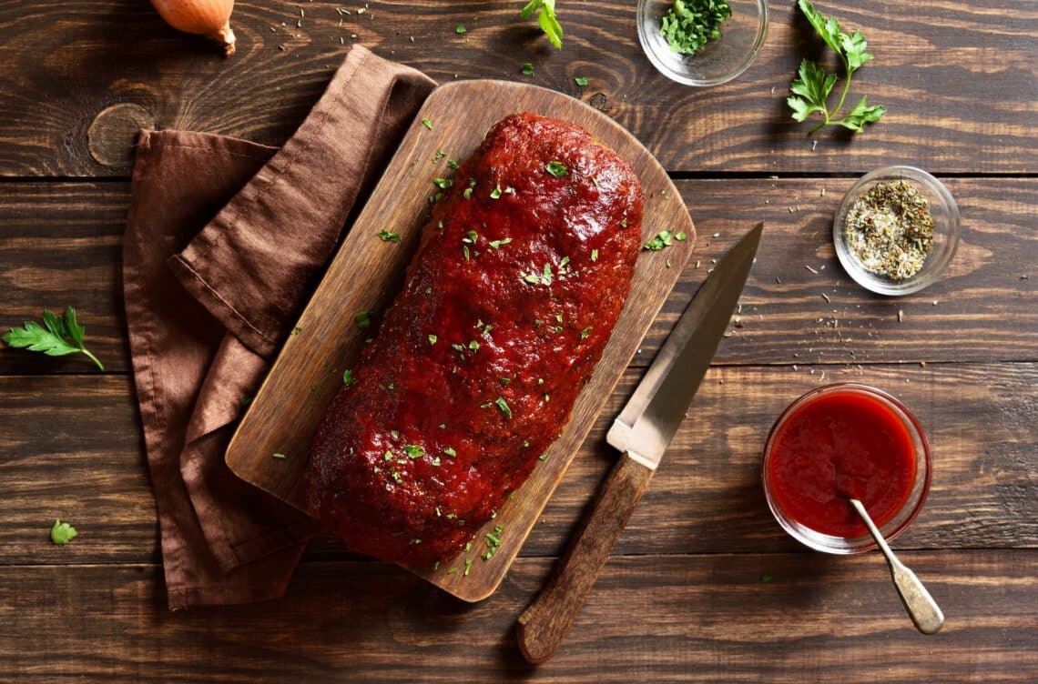 Cheesy Healthy Meatloaf Recipe 1 Healthy Meatloaf With A Small Bowl Of Ketchup On The Side