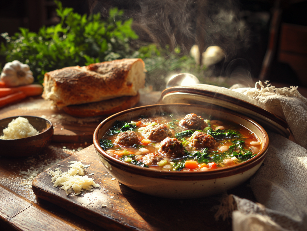 Warm Meatball, White Bean And Kale Tuscan Soup