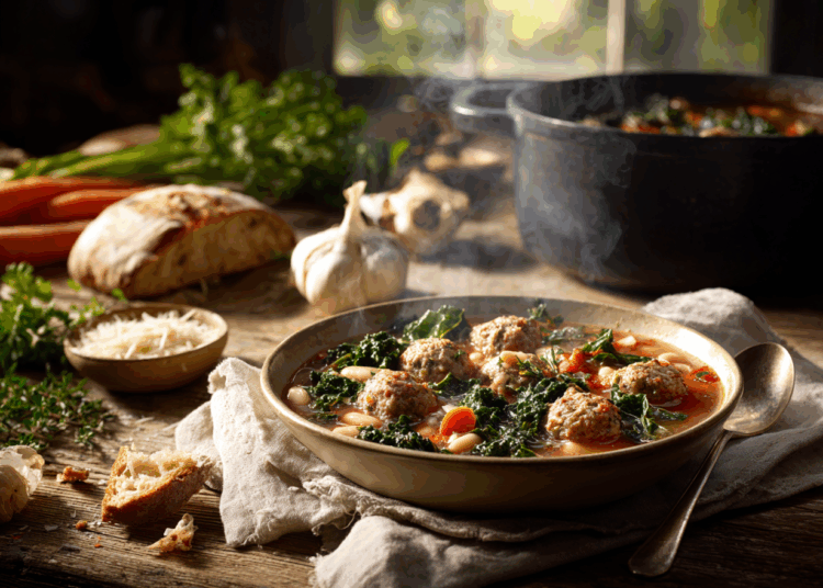 Warm Meatball, White Bean And Kale Tuscan Soup