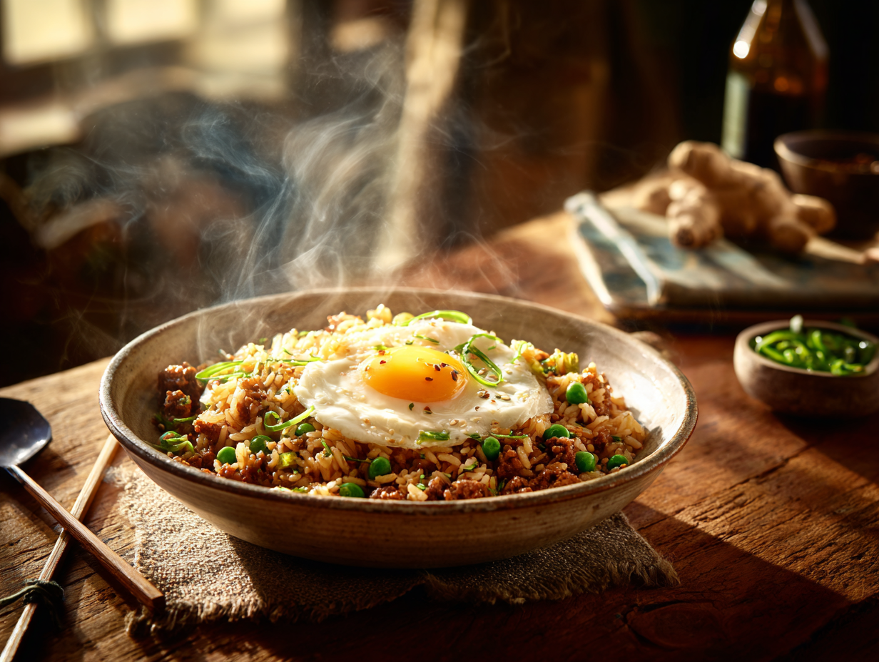 Savoury Ginger And Soy Pork Fried Rice With Fried Egg