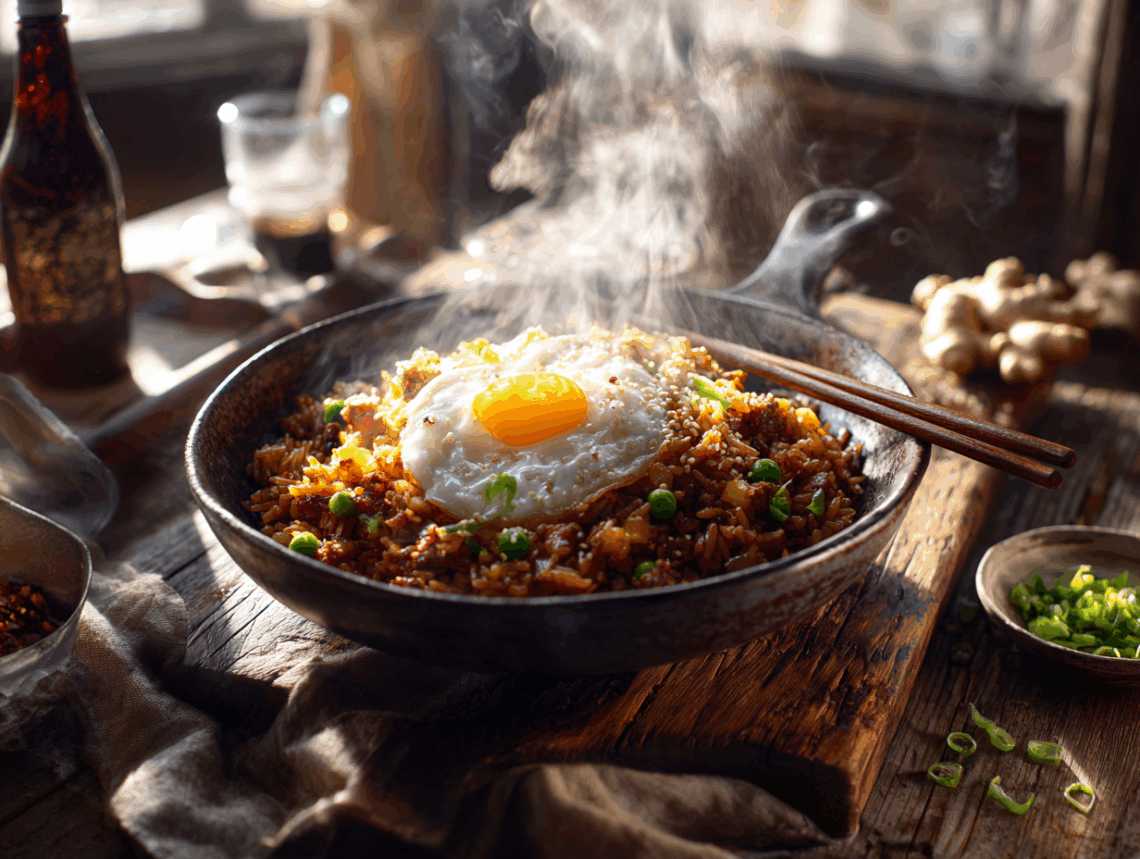 Savoury Ginger And Soy Pork Fried Rice With Fried Egg