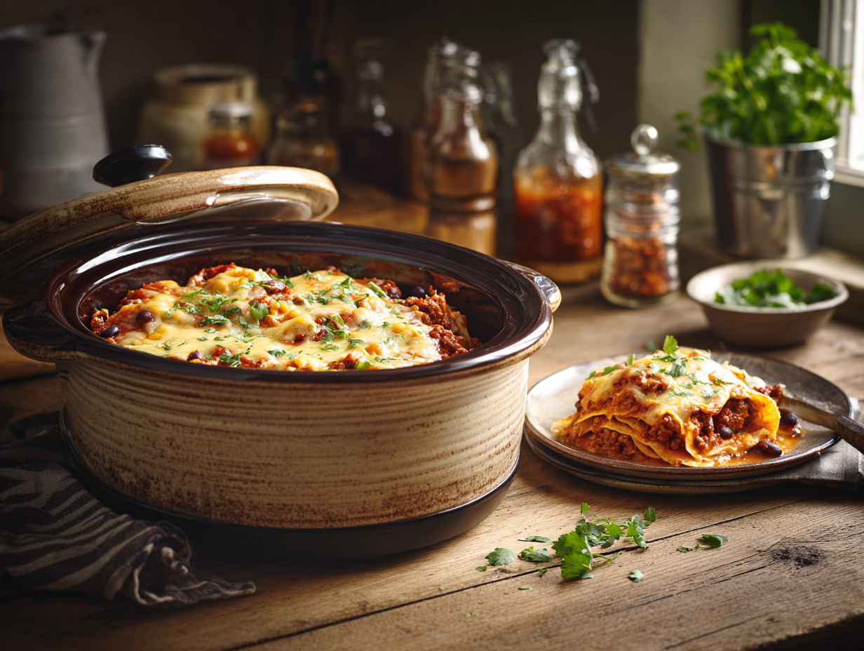 Easy Slow Cooker Mexican Tortilla Lasagne