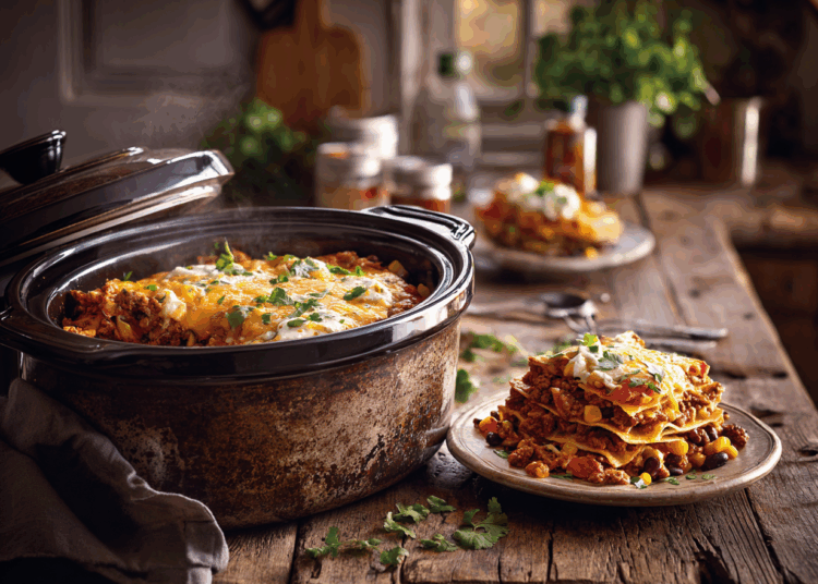 Easy Slow Cooker Mexican Tortilla Lasagne