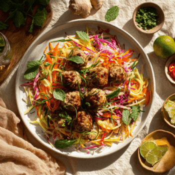 Herby Thai Pork Meatballs And Shredded Salad With Sriracha Dressing