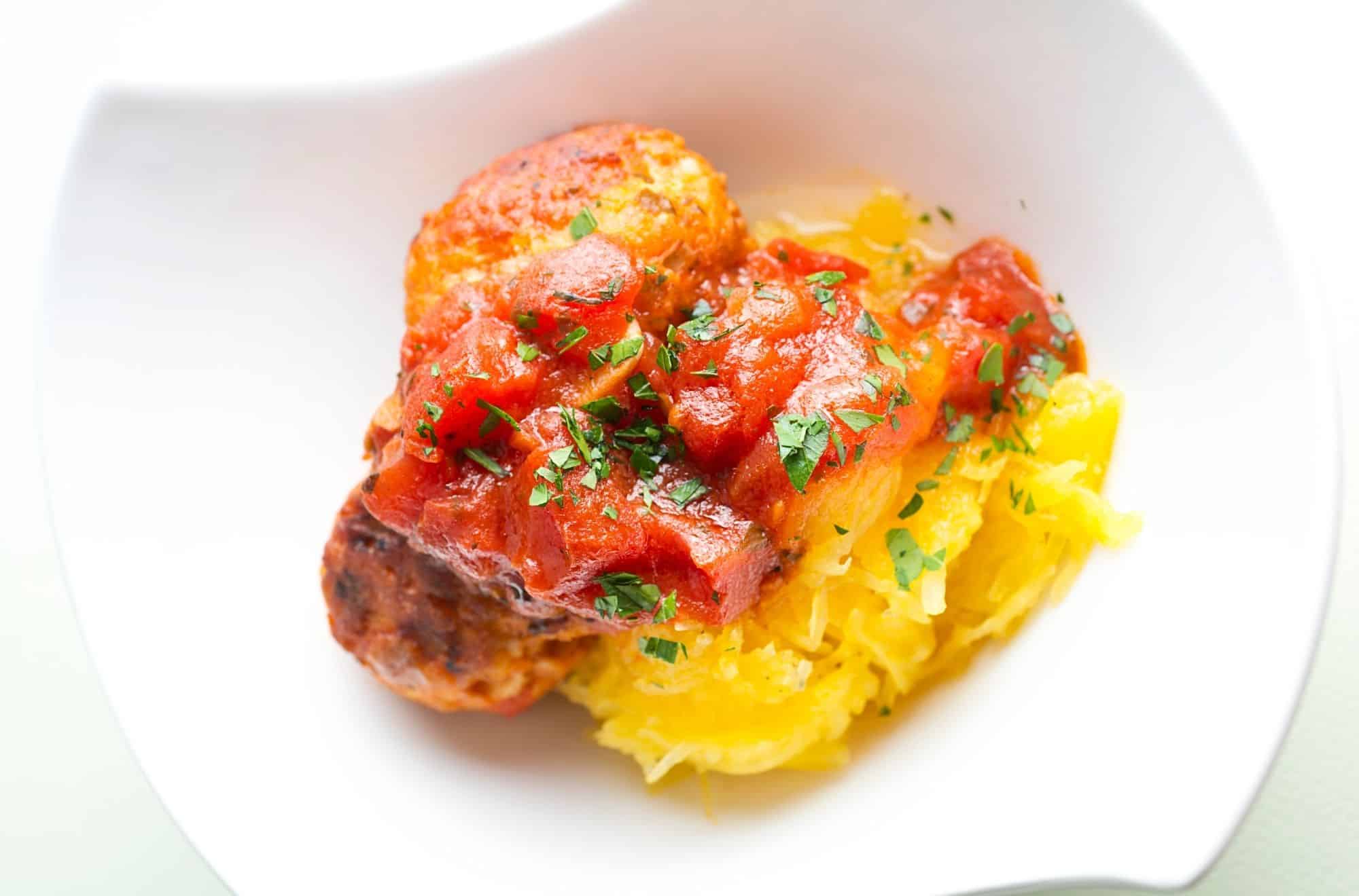 Guilt-Free Roasted Spaghetti Squash And Meatballs In Garlic Tomato Sauce