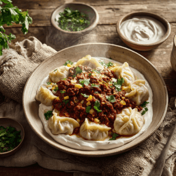 Spiced Mantoo Dumplings With Yogurt And Tomato Meat Sauce