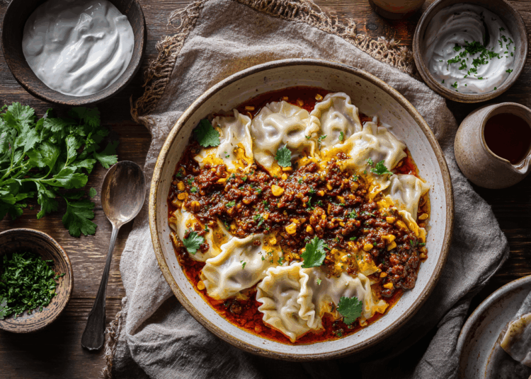 Spiced Mantoo Dumplings With Yogurt And Tomato Meat Sauce