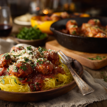 Guilt-Free Roasted Spaghetti Squash And Meatballs In Garlic Tomato Sauce 2 Guilt-Free Roasted Spaghetti Squash And Meatballs In Garlic Tomato Sauce