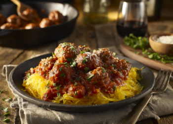 Guilt-Free Roasted Spaghetti Squash And Meatballs In Garlic Tomato Sauce