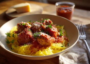 Slow Cooker Healthy Turkey Meatballs Over Spaghetti Squash