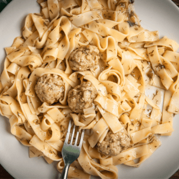 Gluten-Free Chicken Meatballs In Cream Sauce Over Tagliatelle