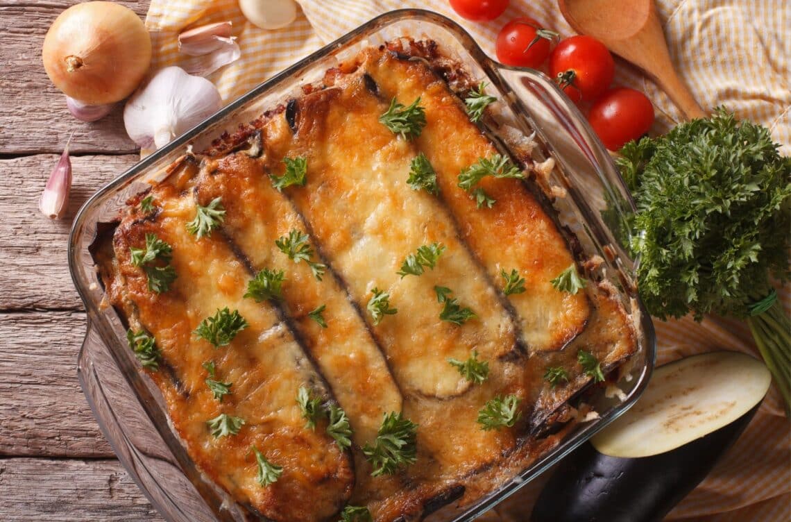 Easy Greek Moussaka Eggplant Closeup In Baking Dish And Ingredients. Horizontal Top