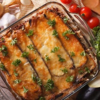 Easy Greek Moussaka Eggplant Closeup In Baking Dish And Ingredients. Horizontal Top