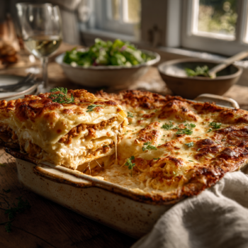 Cheesy And Nutty Minced Meat Lasagna With White Sauce