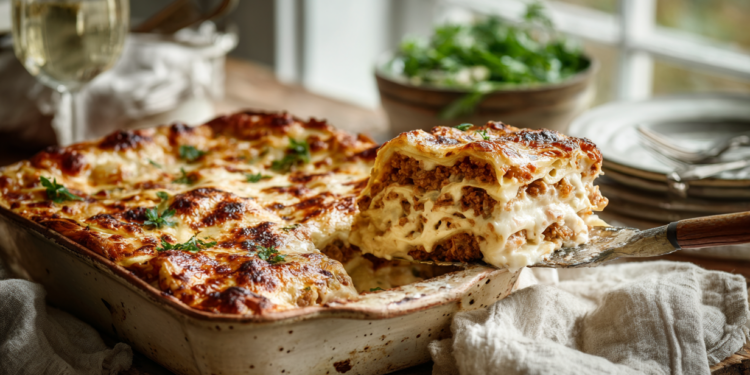 Cheesy And Nutty Minced Meat Lasagna With White Sauce