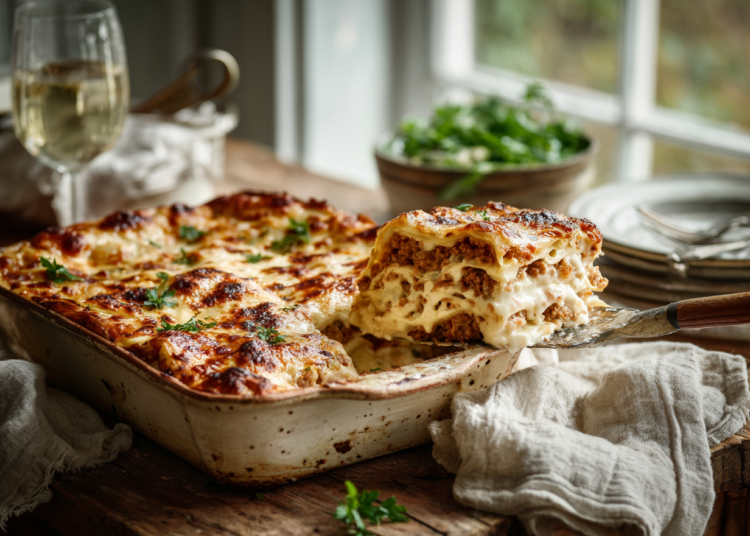 Cheesy And Nutty Minced Meat Lasagna With White Sauce