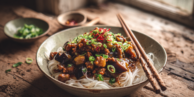 Delicious Pork Mince With Eggplant And Rice Noodles