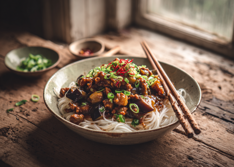 Delicious Pork Mince With Eggplant And Rice Noodles
