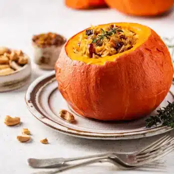 Stuffed Pumpkin With Beef Mince, Rice, Raisins And Gruyere