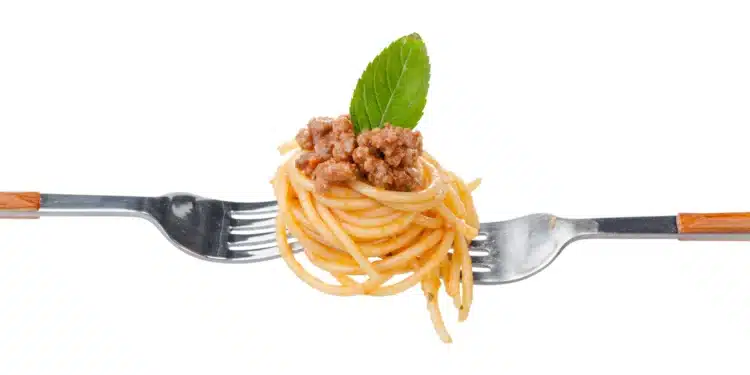 Pasta Spaghetti With Bolognese Sauce On A Fork