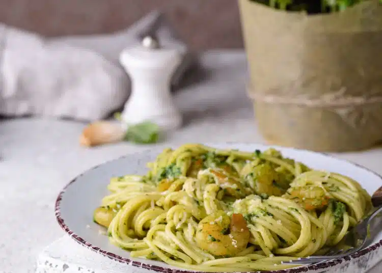 Shrimp And Spinach On Top Of Angel Hair Pasta