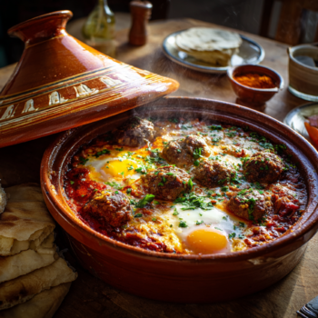 Tajine With Eggs And Meatballs Served With Pita Bread