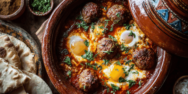 Tajine With Eggs And Meatballs Served With Pita Bread