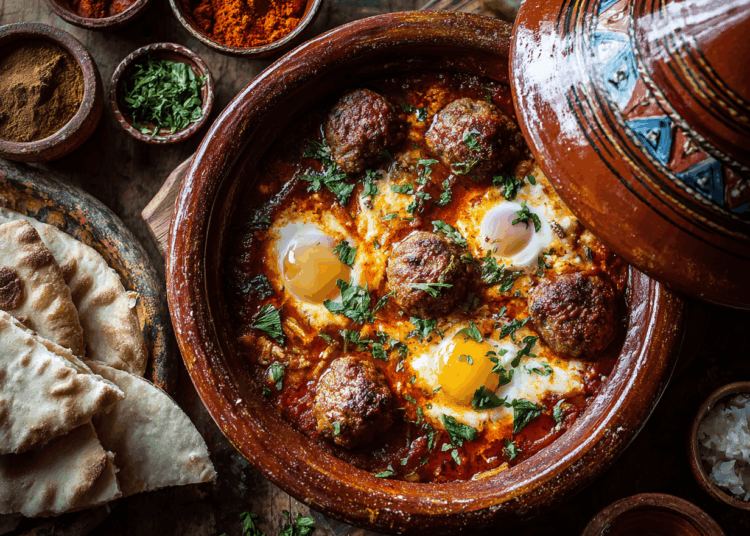 Tajine With Eggs And Meatballs Served With Pita Bread