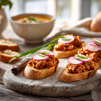 Crispy Crostini With Spicy Pork, Red Radish &Amp; Spring Onions 2 Crostini With Spicy Pork &Amp; Red Radish