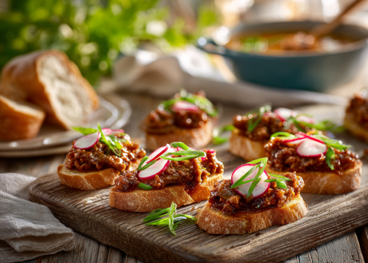 Crispy Crostini With Spicy Pork, Red Radish &Amp; Spring Onions 1 Crostini With Spicy Pork &Amp; Red Radish