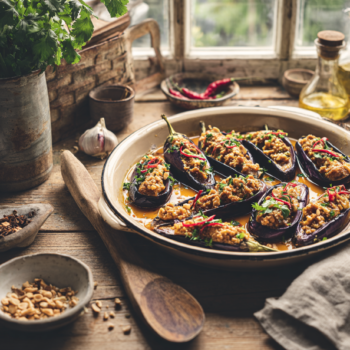 Yummy Peanuts And Chicken-Stuffed Eggplants
