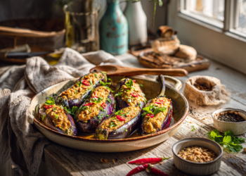 Yummy Peanuts And Chicken-Stuffed Eggplants