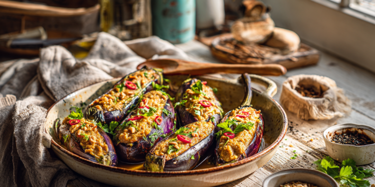 Yummy Peanuts And Chicken-Stuffed Eggplants
