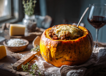 Stuffed Pumpkin With Beef Mince, Rice, Raisins And Gruyere