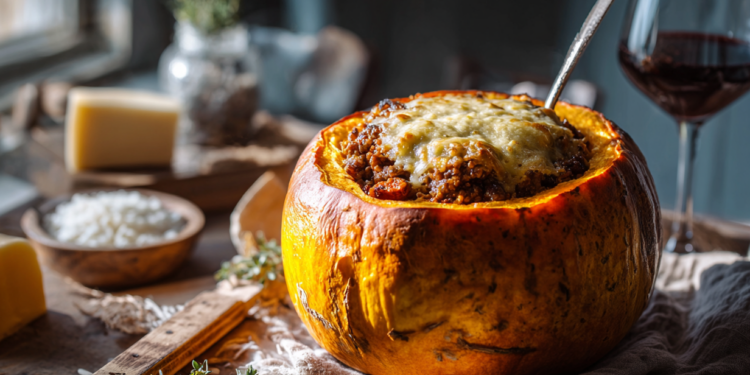 Stuffed Pumpkin With Beef Mince, Rice, Raisins And Gruyere