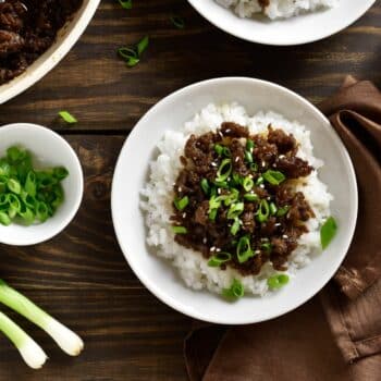 Quick And Easy Mongolian Ground Beef Recipe 2 Mongolian Ground Beef Recipe On Rice Topped With Chopped Green Onion